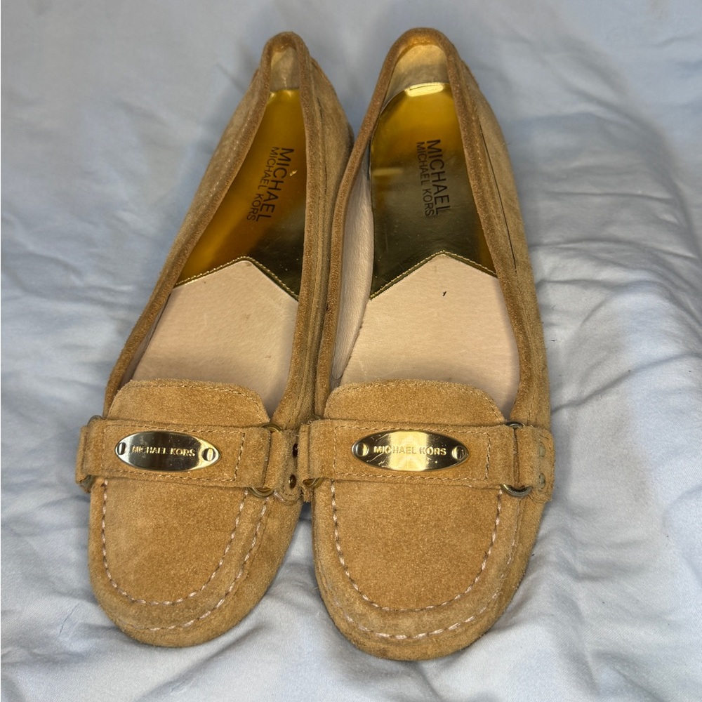 Michael Kors Suede Loafers Moccasins Tan Camel Leather Flats Size 8M